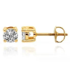 14K Solid Yellow Gold Diamond Solitaire Stud Earrings 0.97 Ctw