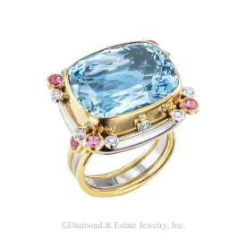 Aquamarine Pink Sapphire Diamond Two Tone Gold Cocktail Ring