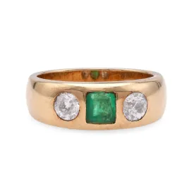 Austrian Mid Century Emerald Diamond Gold Gypsy Ring