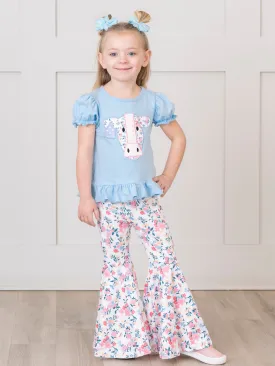 Baby Blue Cow Floral Bell Bottom Outfit