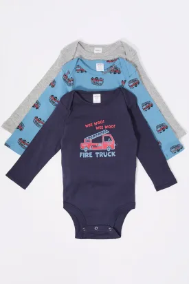 Baby Fire Truck Graphic Long Sleeve Onesie (3 Pack)