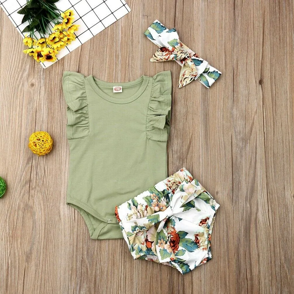 Baby Girl Clothes Sleeveless Ruffle Romper Flower Print Short Pants Headband Outfit 3 piece Set Bloomers Boho Vintage Vibes