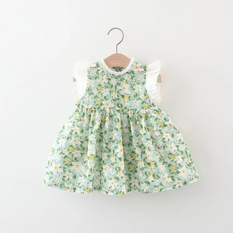 Baby Girl Cute Little Floral Flying Sleeve Bow Dress