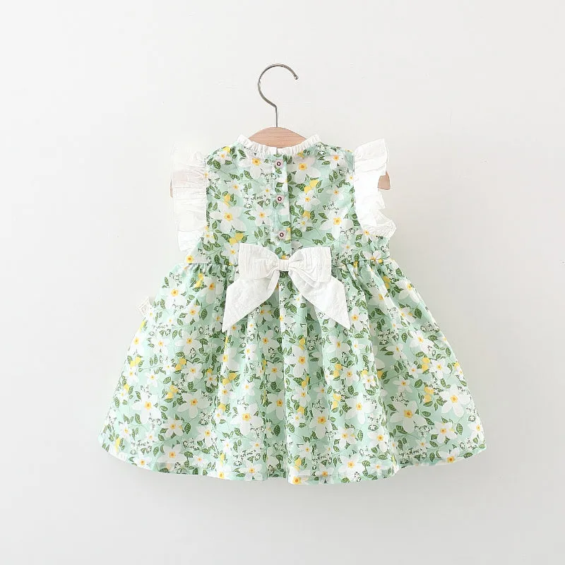 Baby Girl Cute Little Floral Flying Sleeve Bow Dress