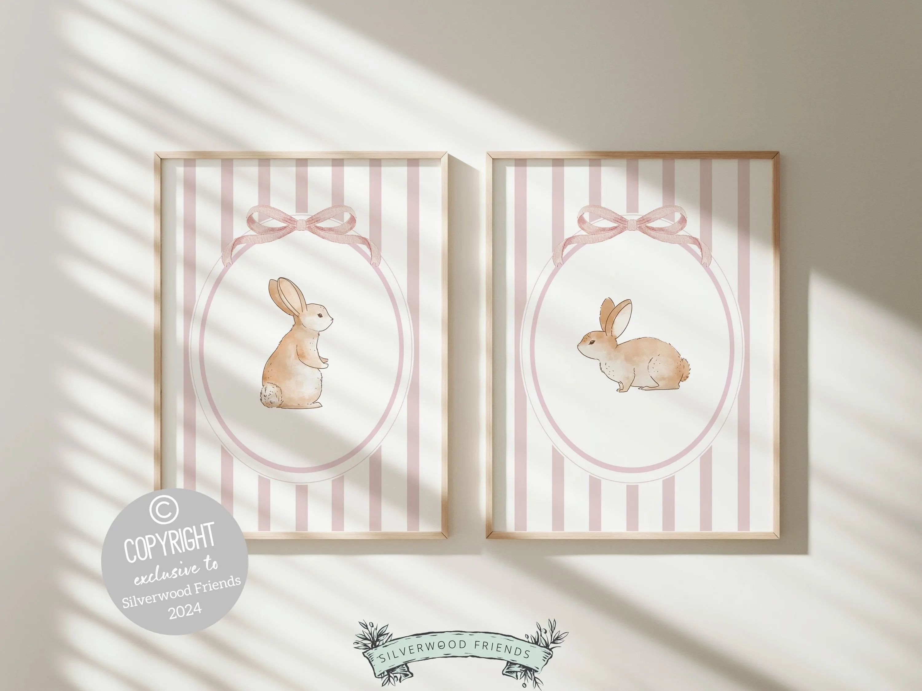 Baby Girl Pink Bunny Nursery Prints - Set of 2