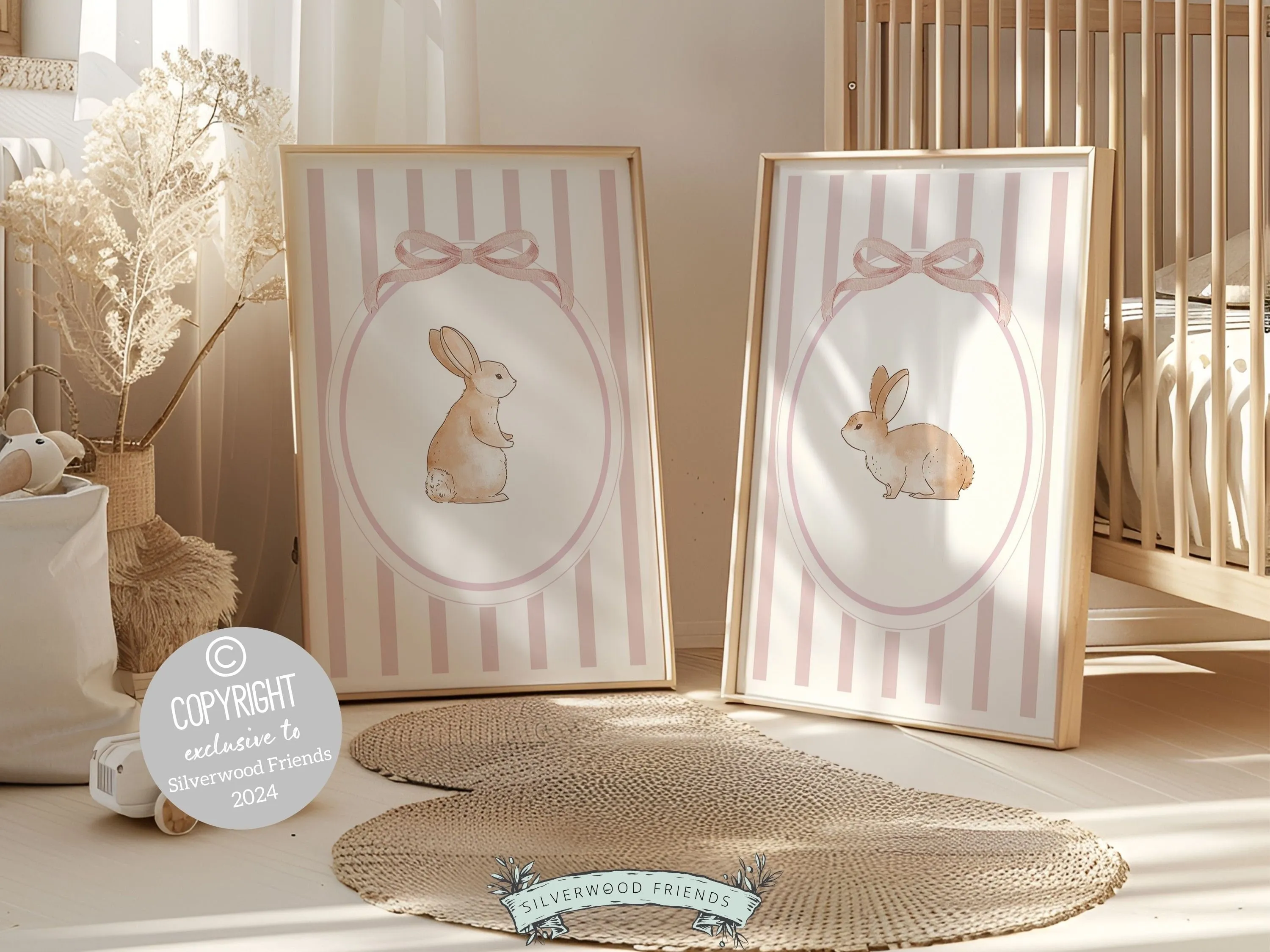 Baby Girl Pink Bunny Nursery Prints - Set of 2