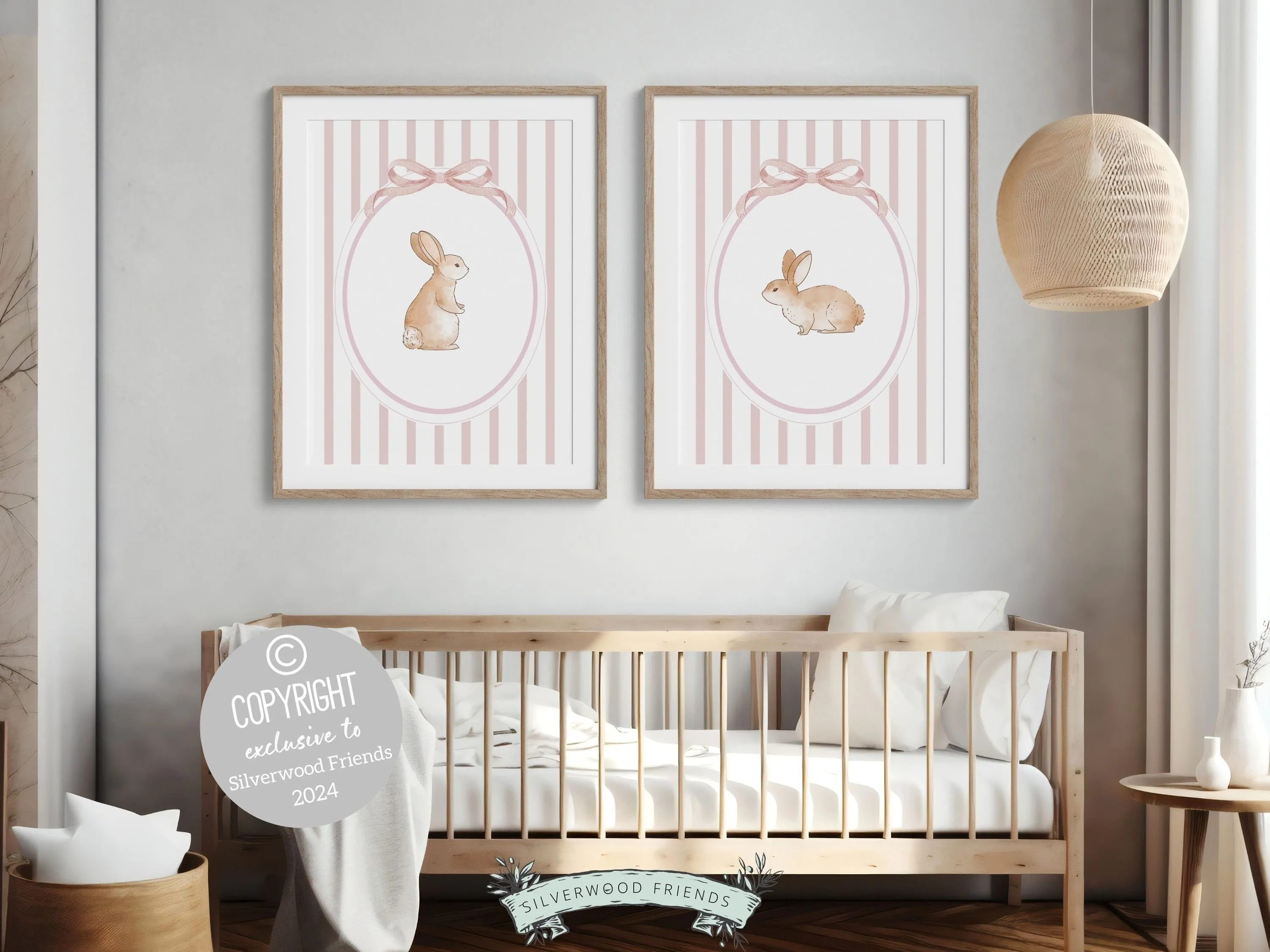 Baby Girl Pink Bunny Nursery Prints - Set of 2