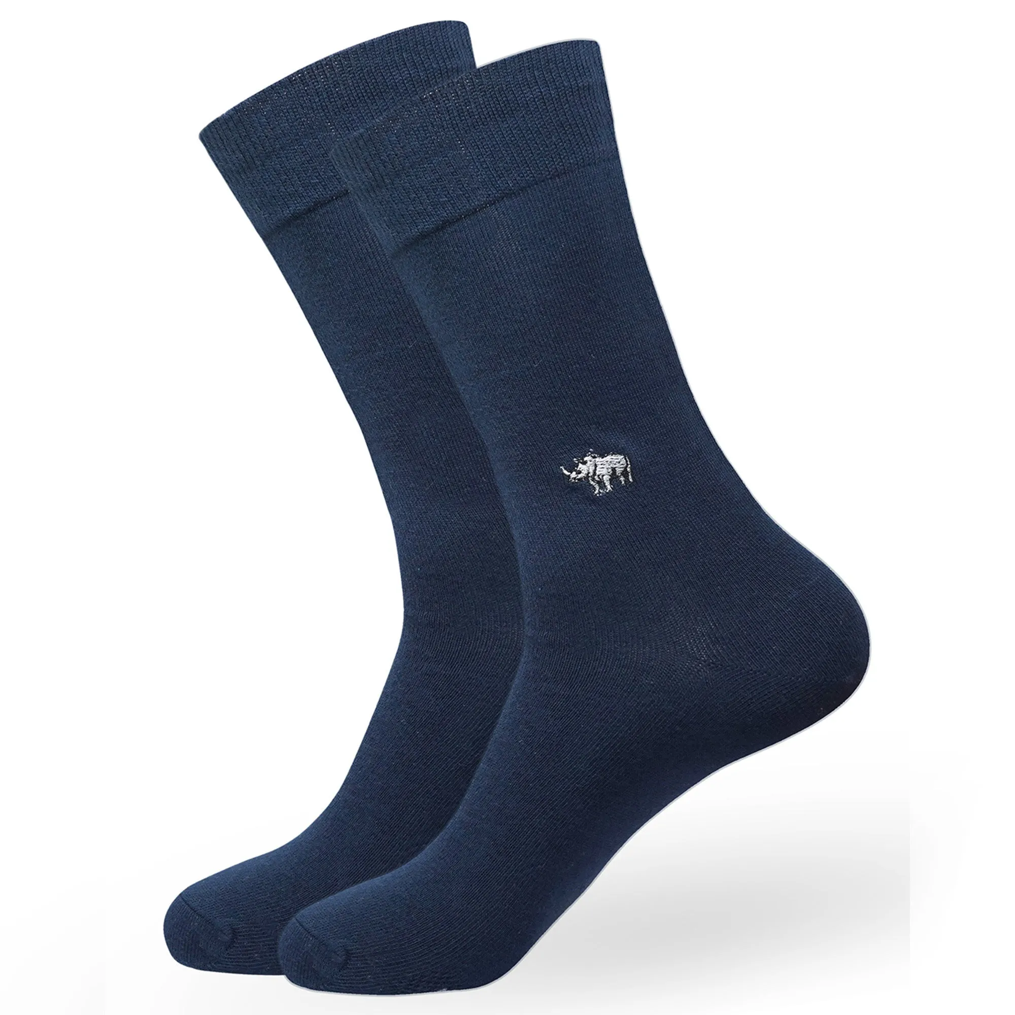 BALENZIA MEN'S WWF-INDIA NAVY FORMAL CREW SOCKS | 2-PACK | RHINO PRINT & EMBROIDERY | FREE SIZE