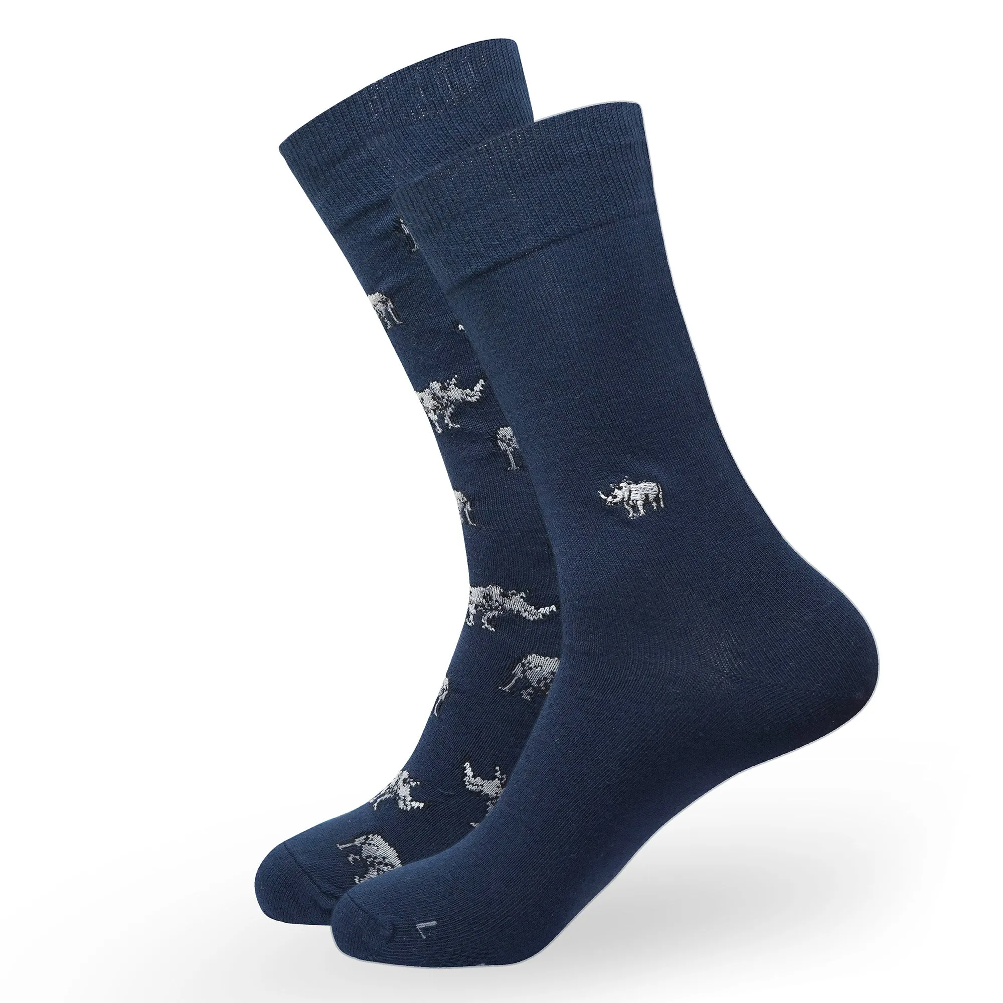 BALENZIA MEN'S WWF-INDIA NAVY FORMAL CREW SOCKS | 2-PACK | RHINO PRINT & EMBROIDERY | FREE SIZE