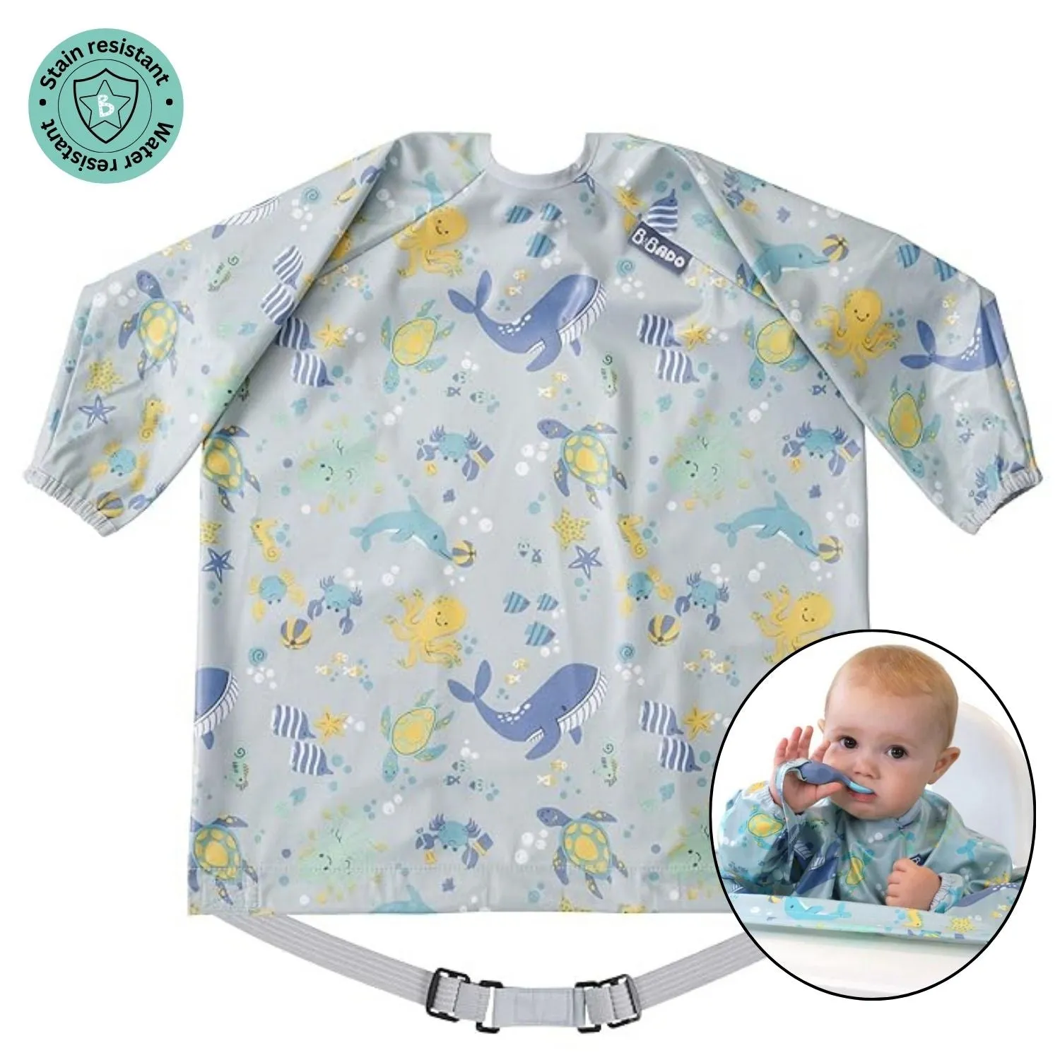 Bibado Long Sleeve Coverall Weaning Bib Oceans of Fun Dark Blue