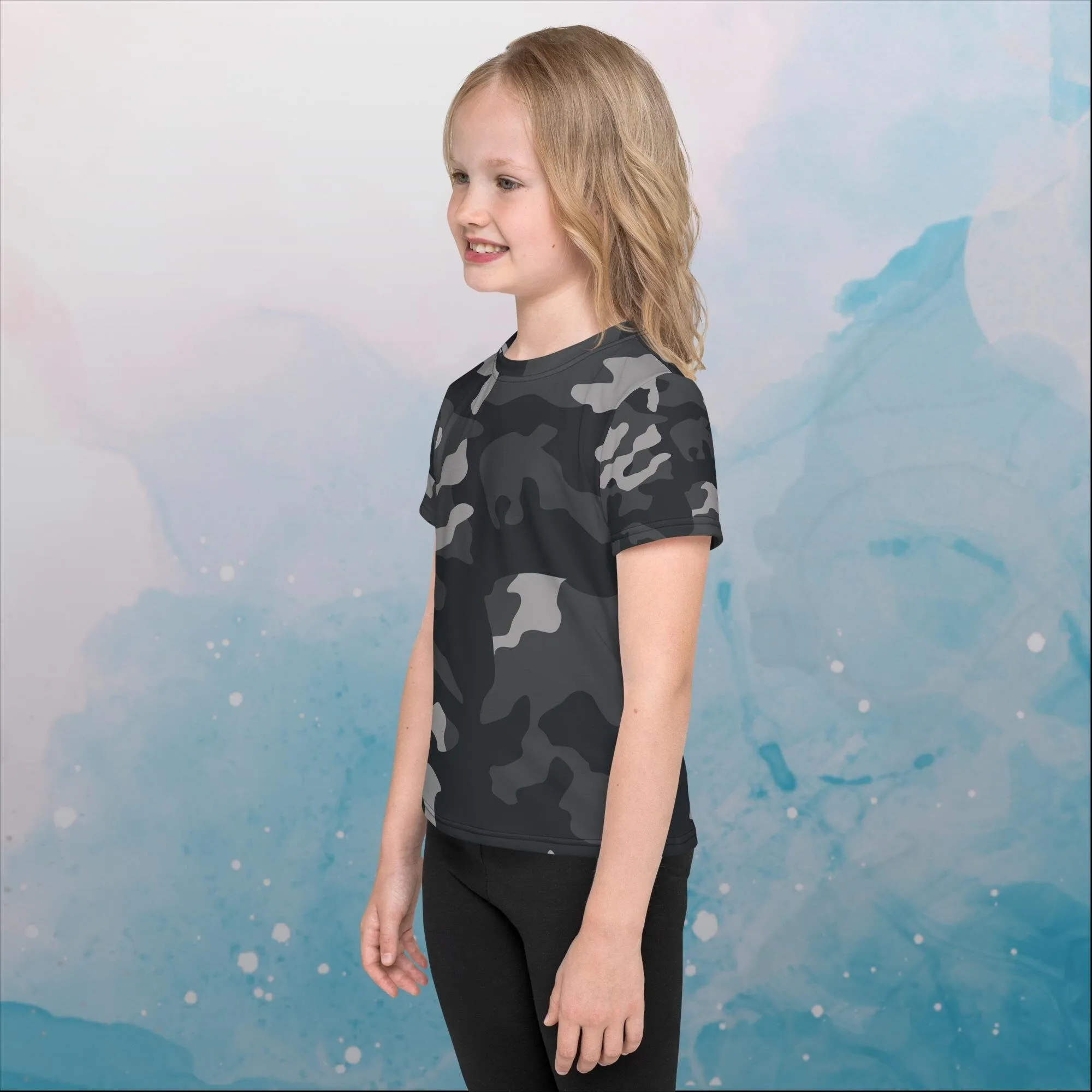 Black and Grey Camo Print Kids Crew Neck Tee Shirt