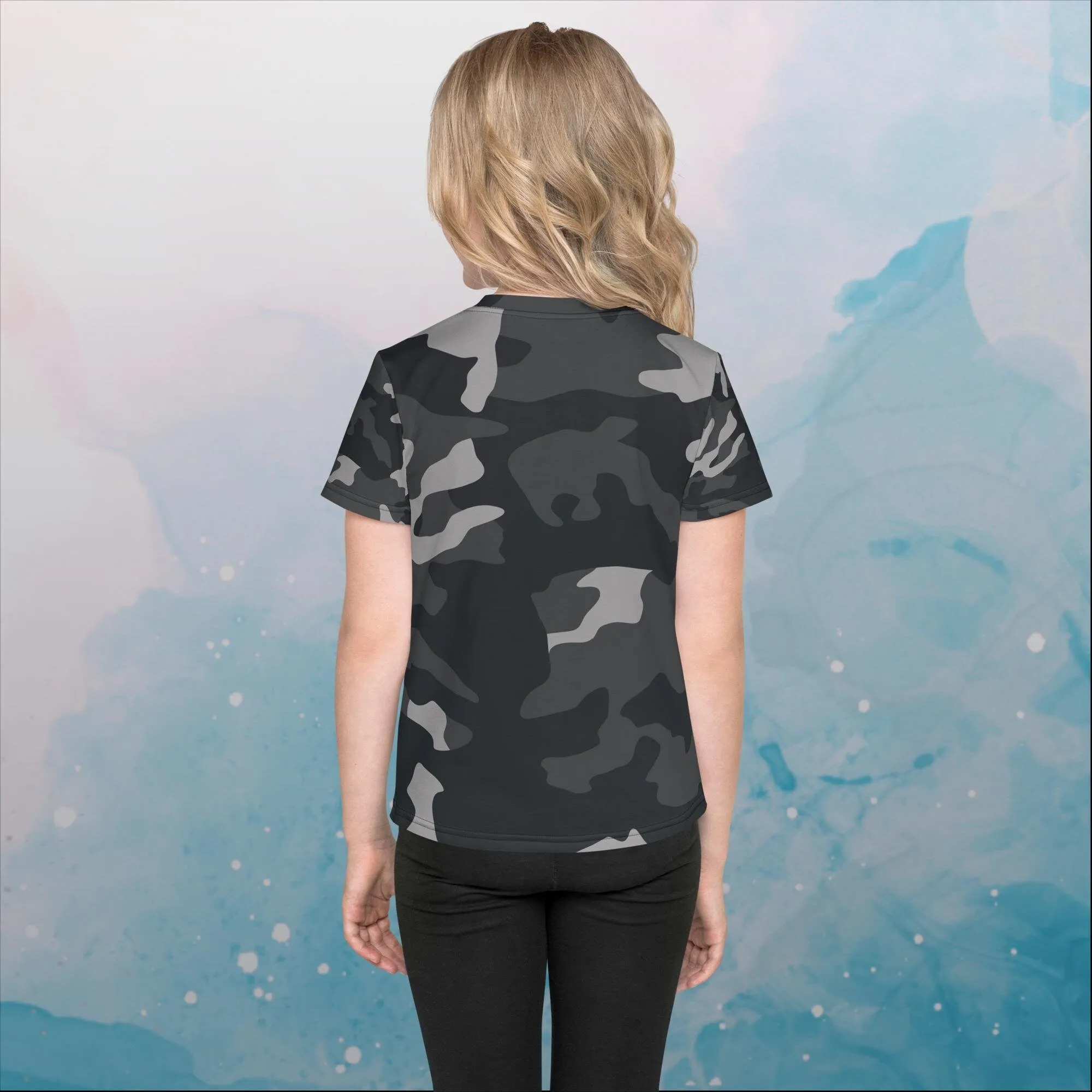 Black and Grey Camo Print Kids Crew Neck Tee Shirt