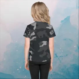 Black and Grey Camo Print Kids Crew Neck Tee Shirt