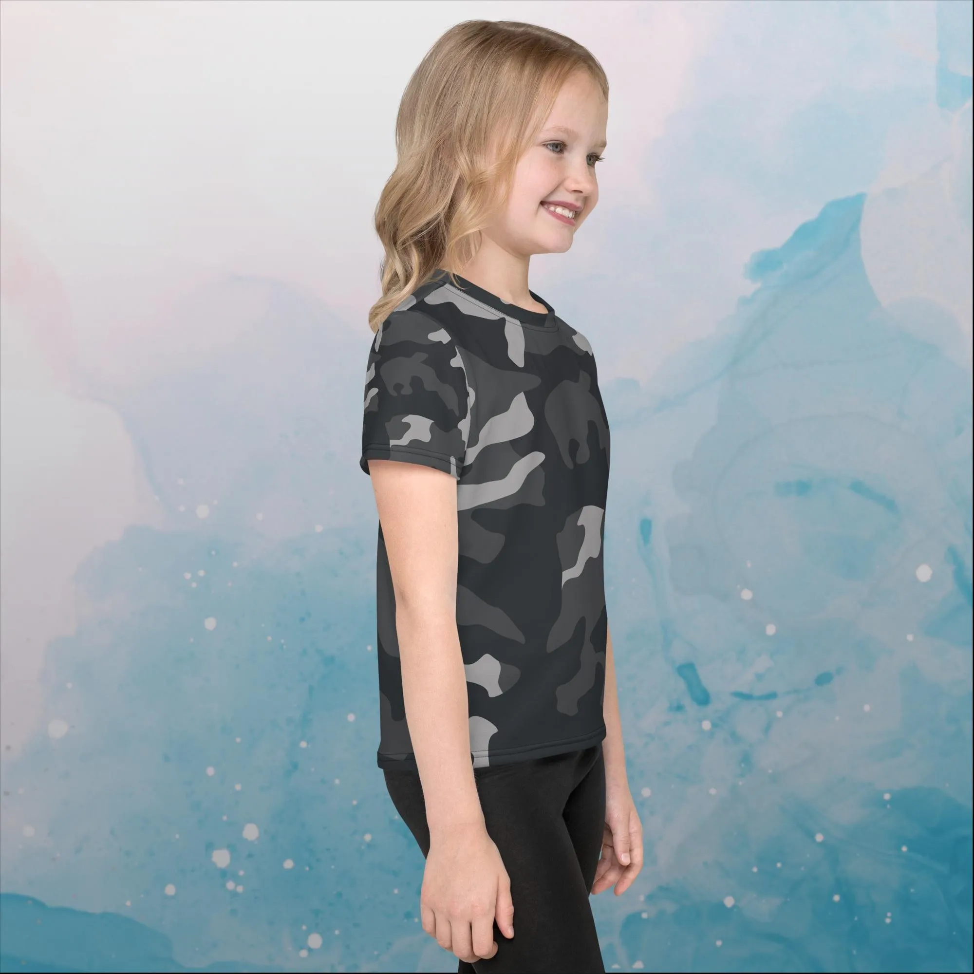 Black and Grey Camo Print Kids Crew Neck Tee Shirt