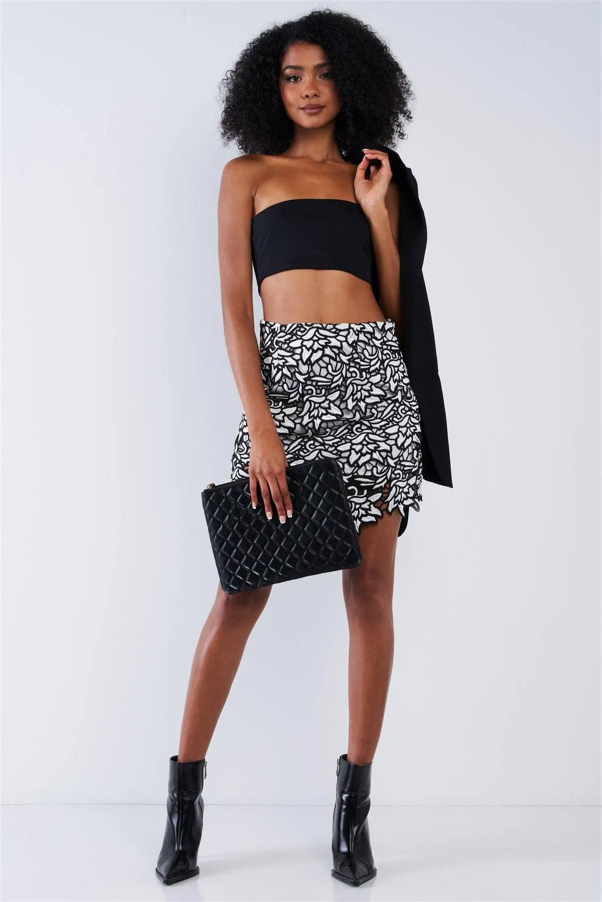 Black And White Crochet Asymmetrical Floral Embroidered High Waisted Tight Fit Lined Mini Skirt