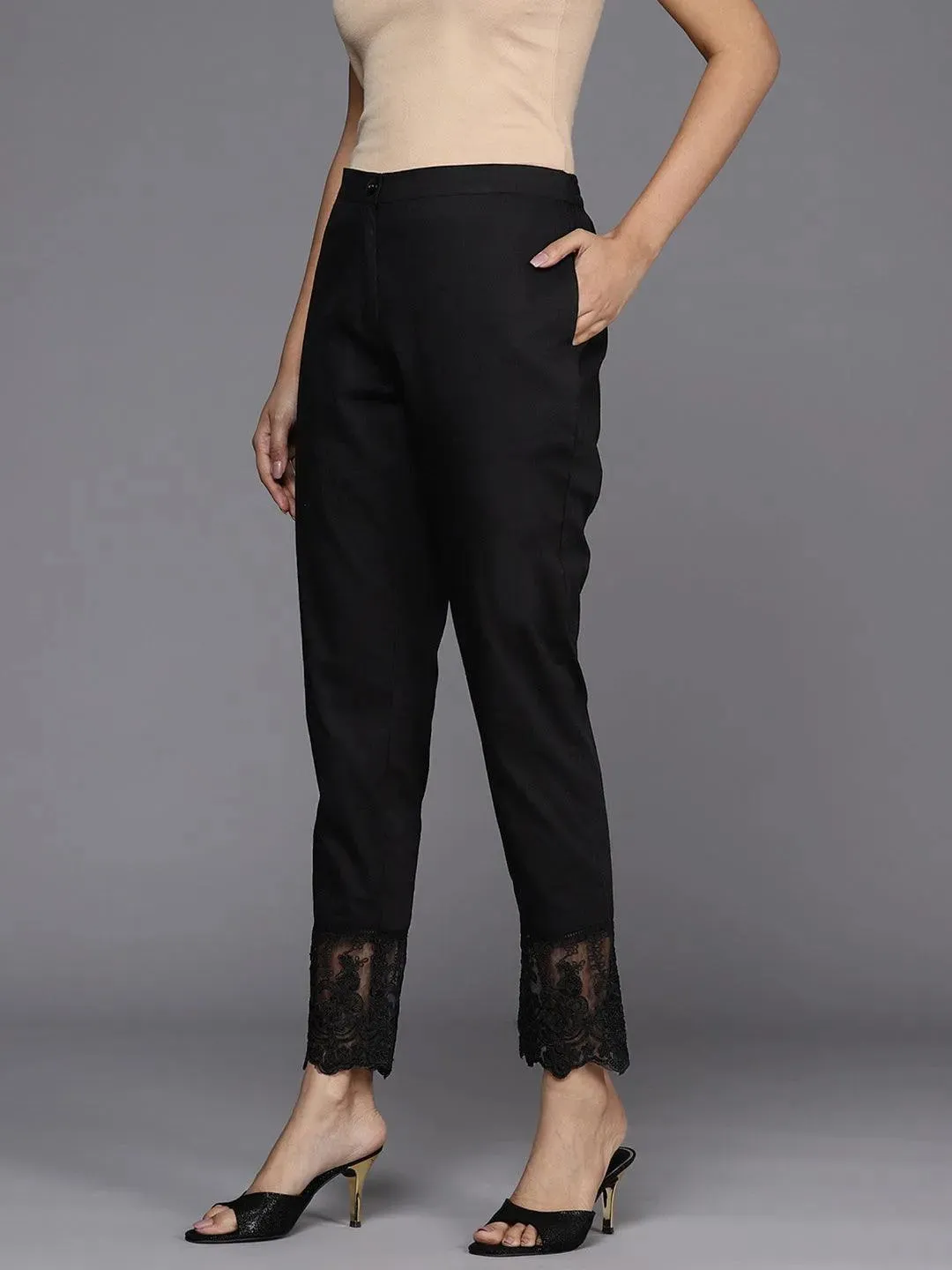 Black Solid Cotton Trousers