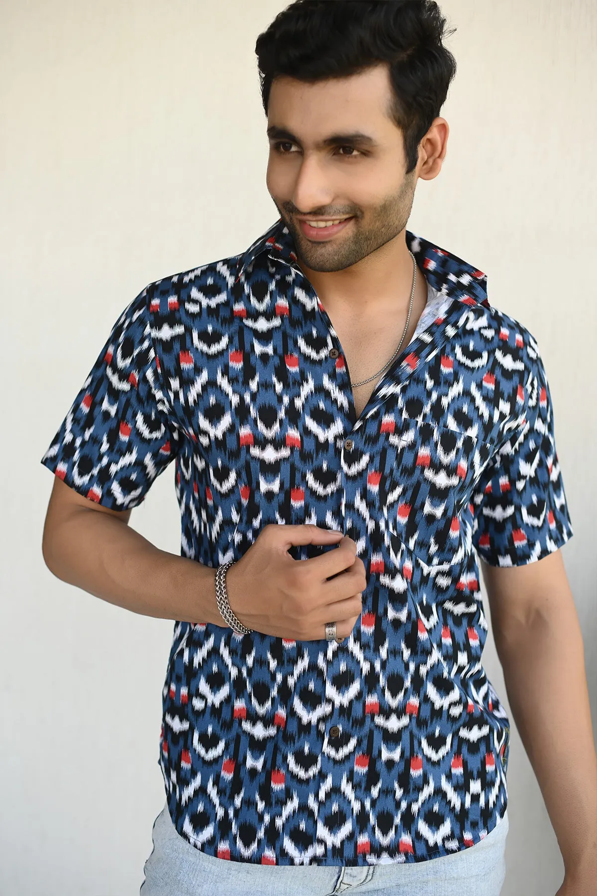 Blue Ikkat  print cotton shirt half sleeves | Style Matters