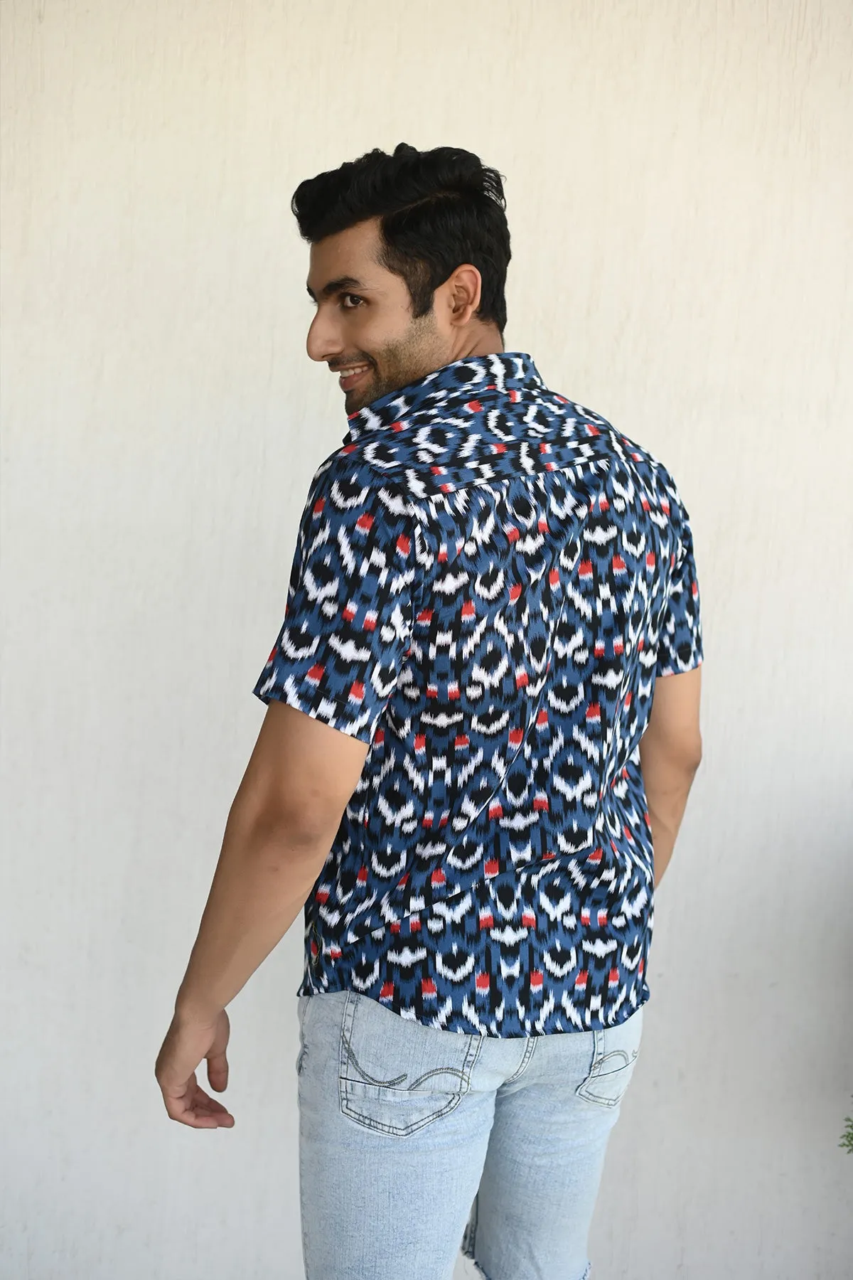 Blue Ikkat  print cotton shirt half sleeves | Style Matters