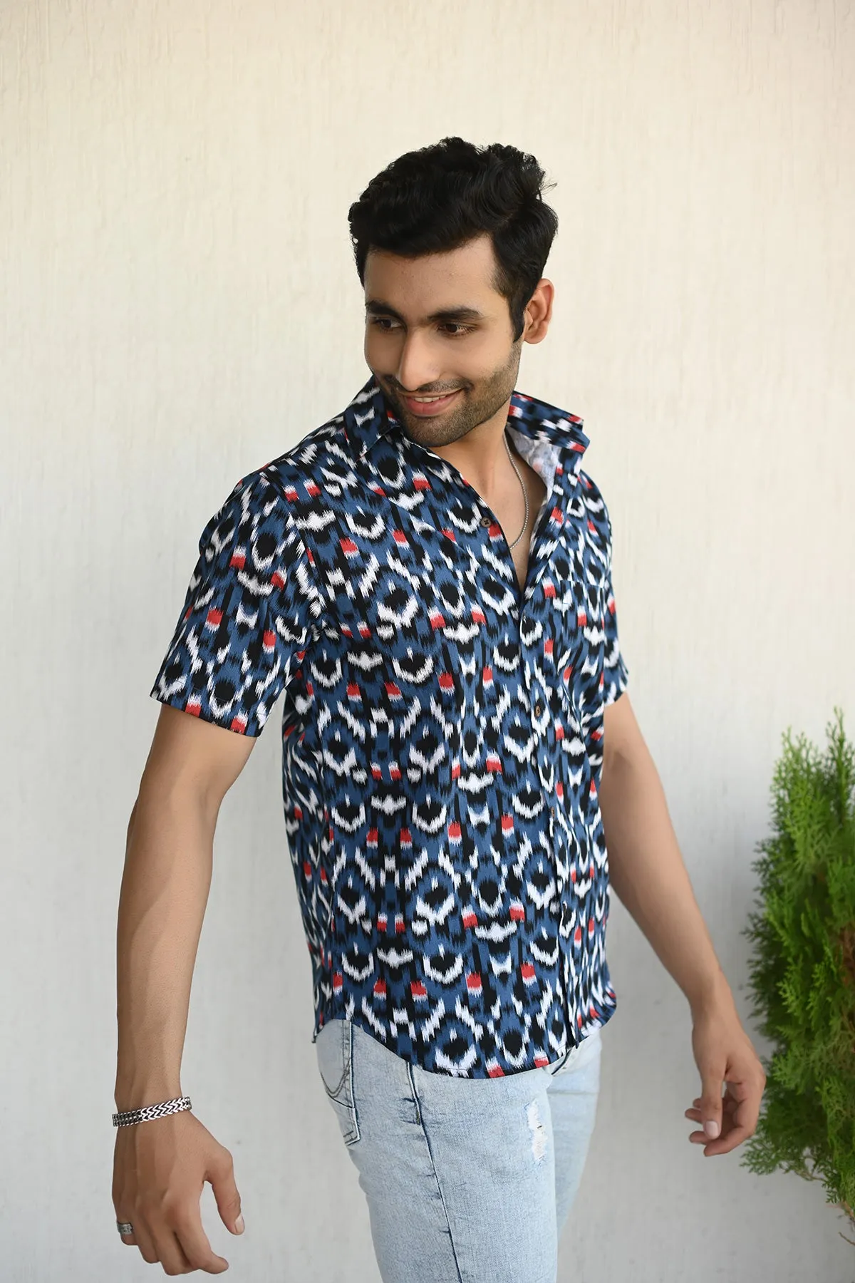 Blue Ikkat  print cotton shirt half sleeves | Style Matters