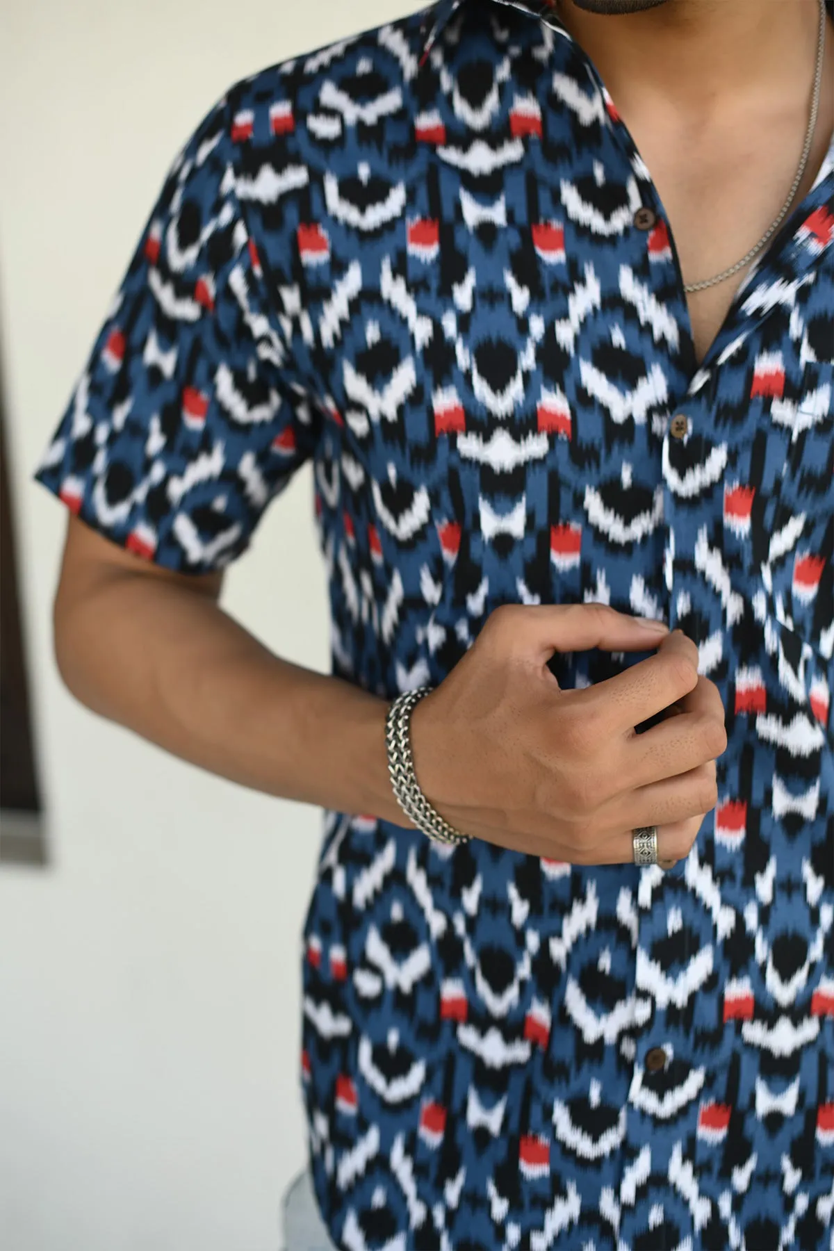 Blue Ikkat  print cotton shirt half sleeves | Style Matters