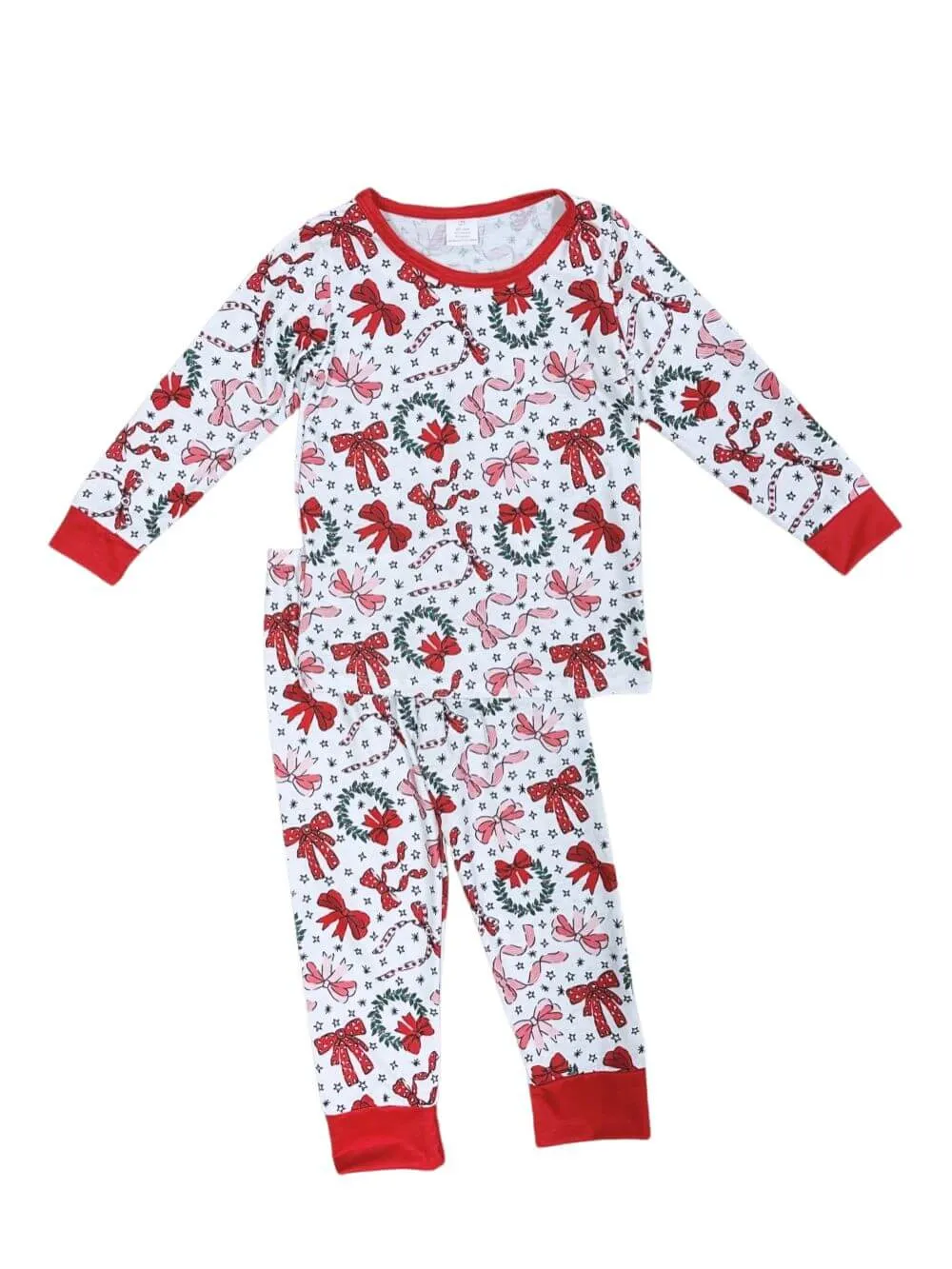 Bow & Wreath Girls Red Trimmed Holiday Pajama Set