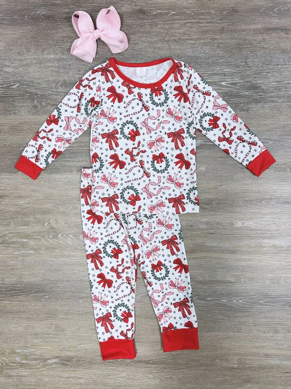 Bow & Wreath Girls Red Trimmed Holiday Pajama Set