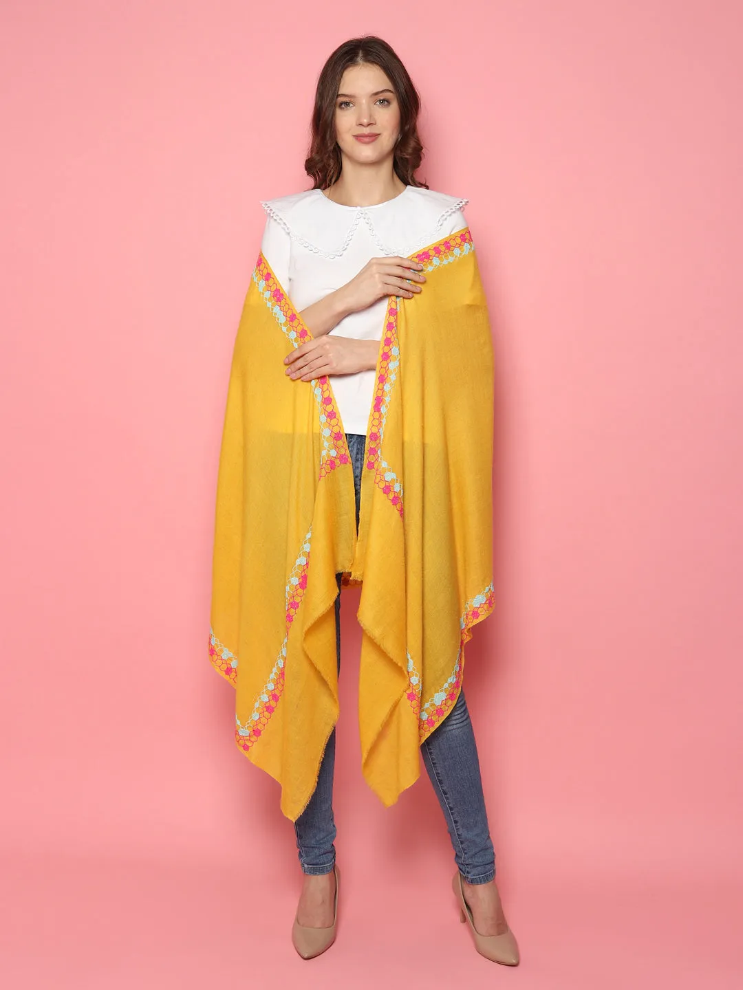 Bright Yellow Shawl, Pure Pashmina Shawl with hand embroidered geometric border