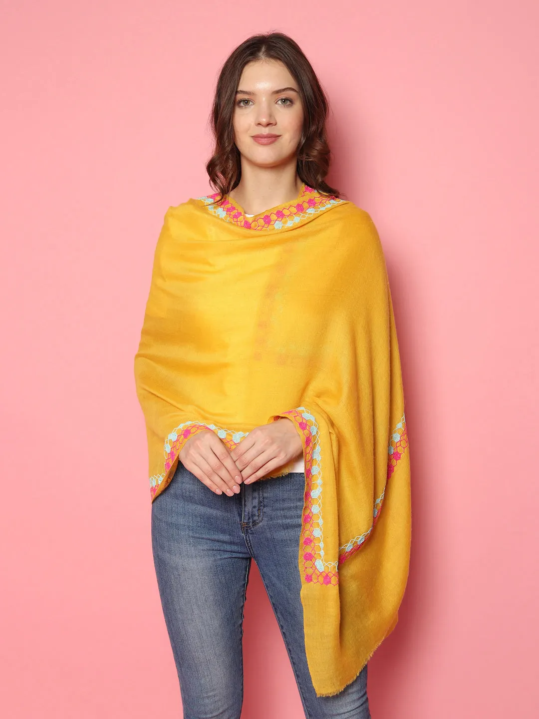 Bright Yellow Shawl, Pure Pashmina Shawl with hand embroidered geometric border