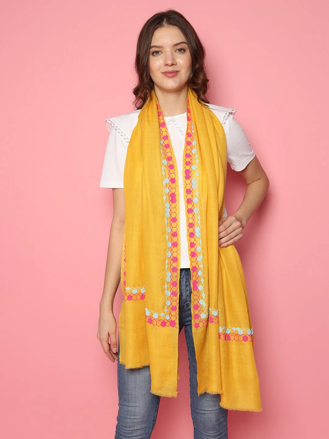 Bright Yellow Shawl, Pure Pashmina Shawl with hand embroidered geometric border