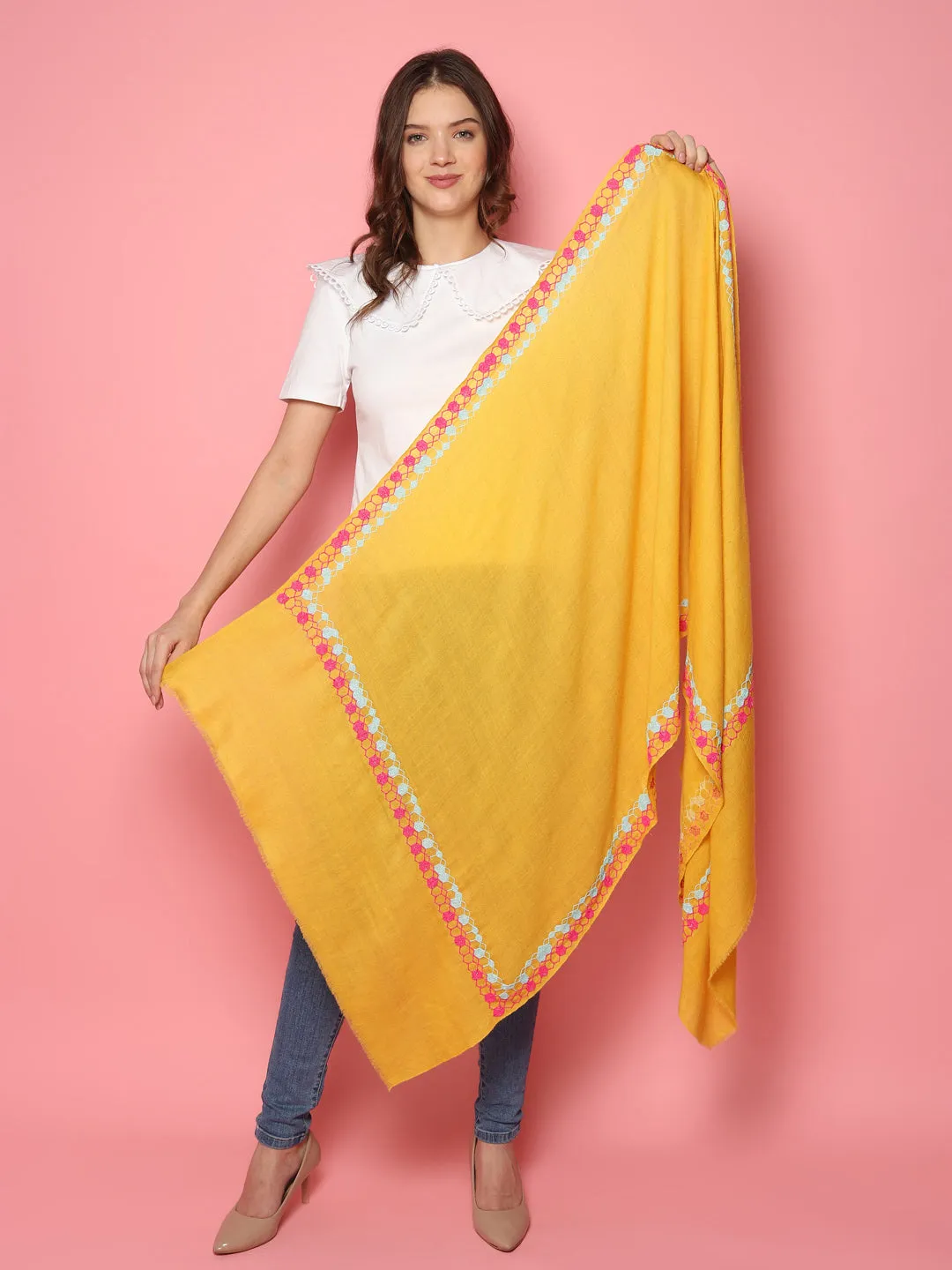 Bright Yellow Shawl, Pure Pashmina Shawl with hand embroidered geometric border