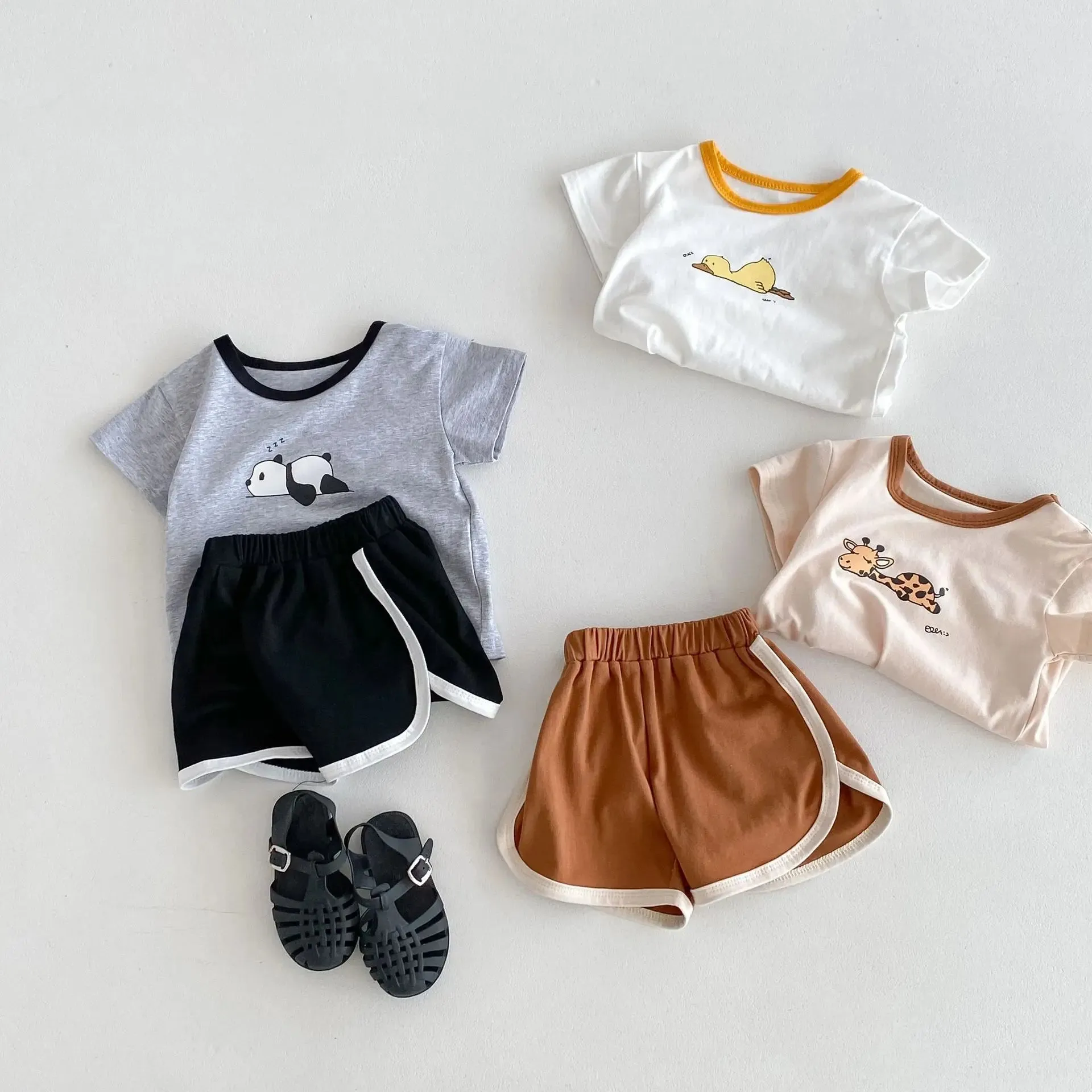 Cartoon Animal Print Casual Shorts & Tee Set