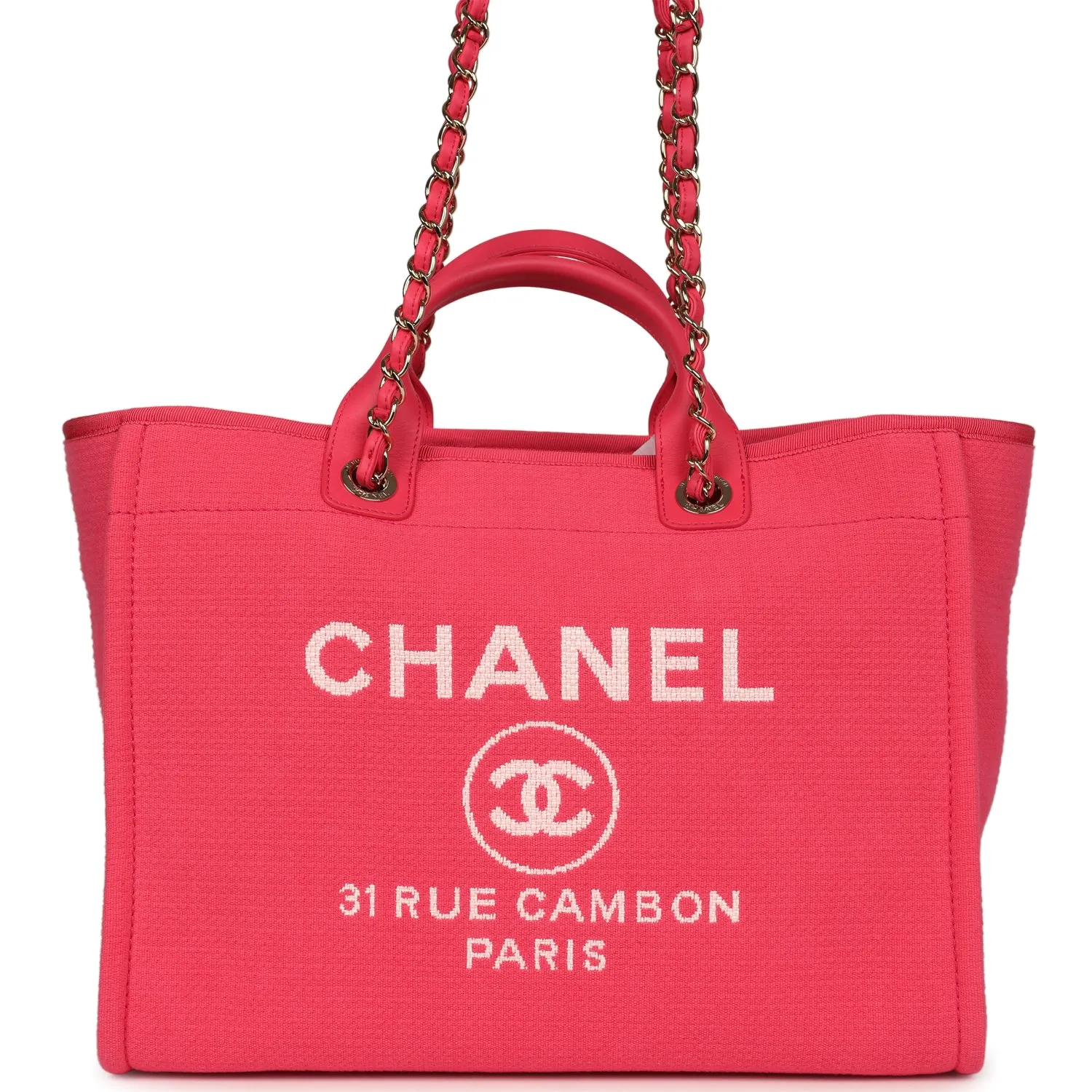 Chanel Medium Deauville Shopping Tote Hot Pink Canvas Light Gold Hardware