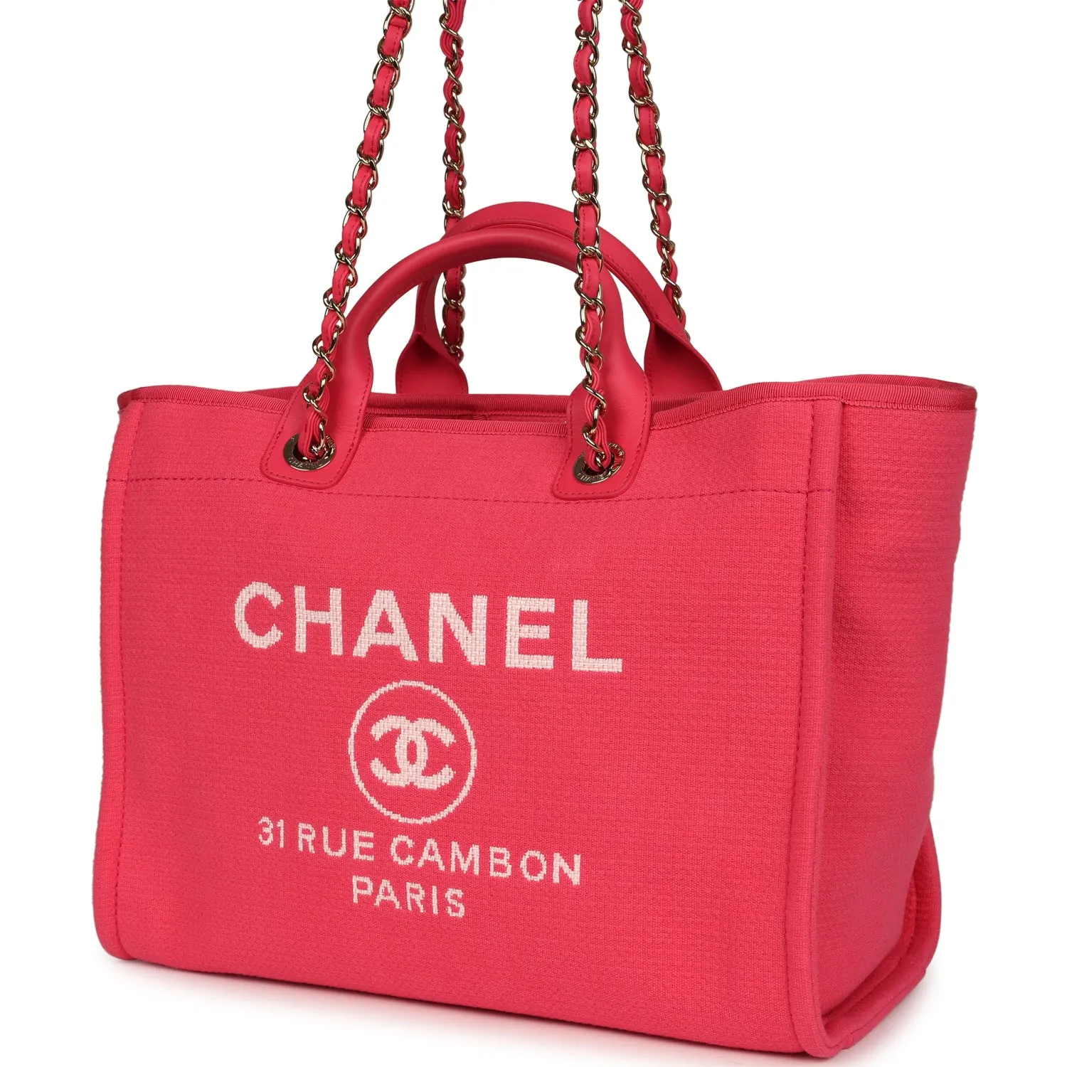 Chanel Medium Deauville Shopping Tote Hot Pink Canvas Light Gold Hardware