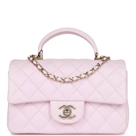 Chanel Mini Rectangular Flap Bag with Top Handle Light Pink Lambskin Light Gold Hardware