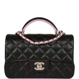 Chanel Mini Rectangular Flap with Top Handle Black and Pink Lambskin Light Gold Hardware