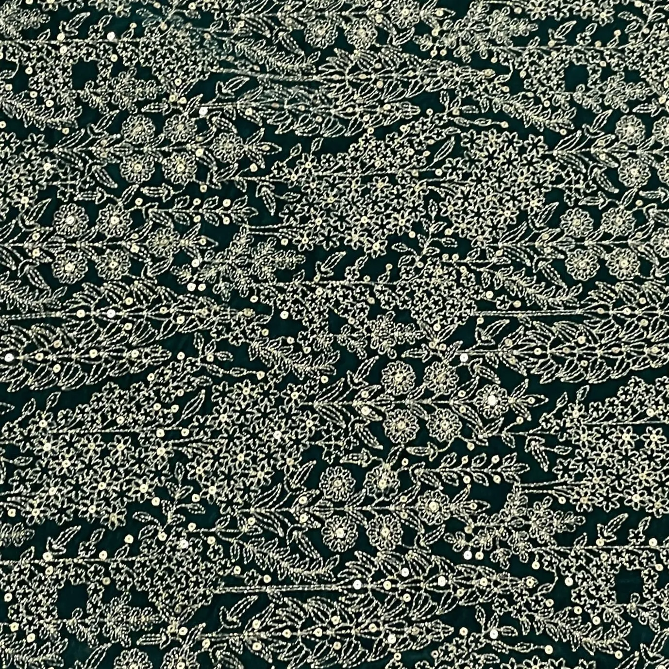 Classic Green Golden Zari Sequins Thread Embroidery Velvet  Fabric