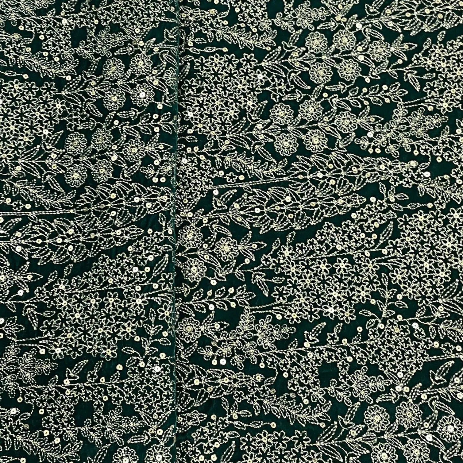 Classic Green Golden Zari Sequins Thread Embroidery Velvet  Fabric