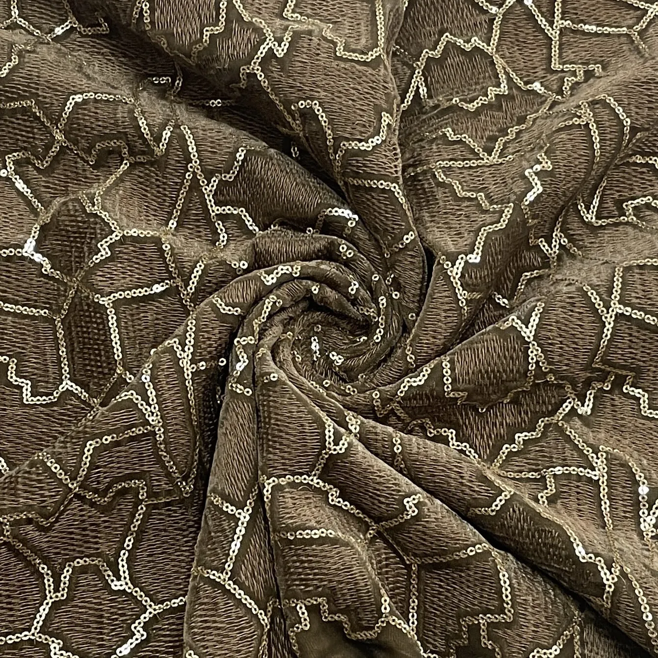 Classic Khaki Green Abstract Sequins Embroidery Velvet Fabric