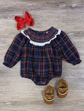 Classic Navy Blue Tartan Plaid Smocked Collar Baby Romper