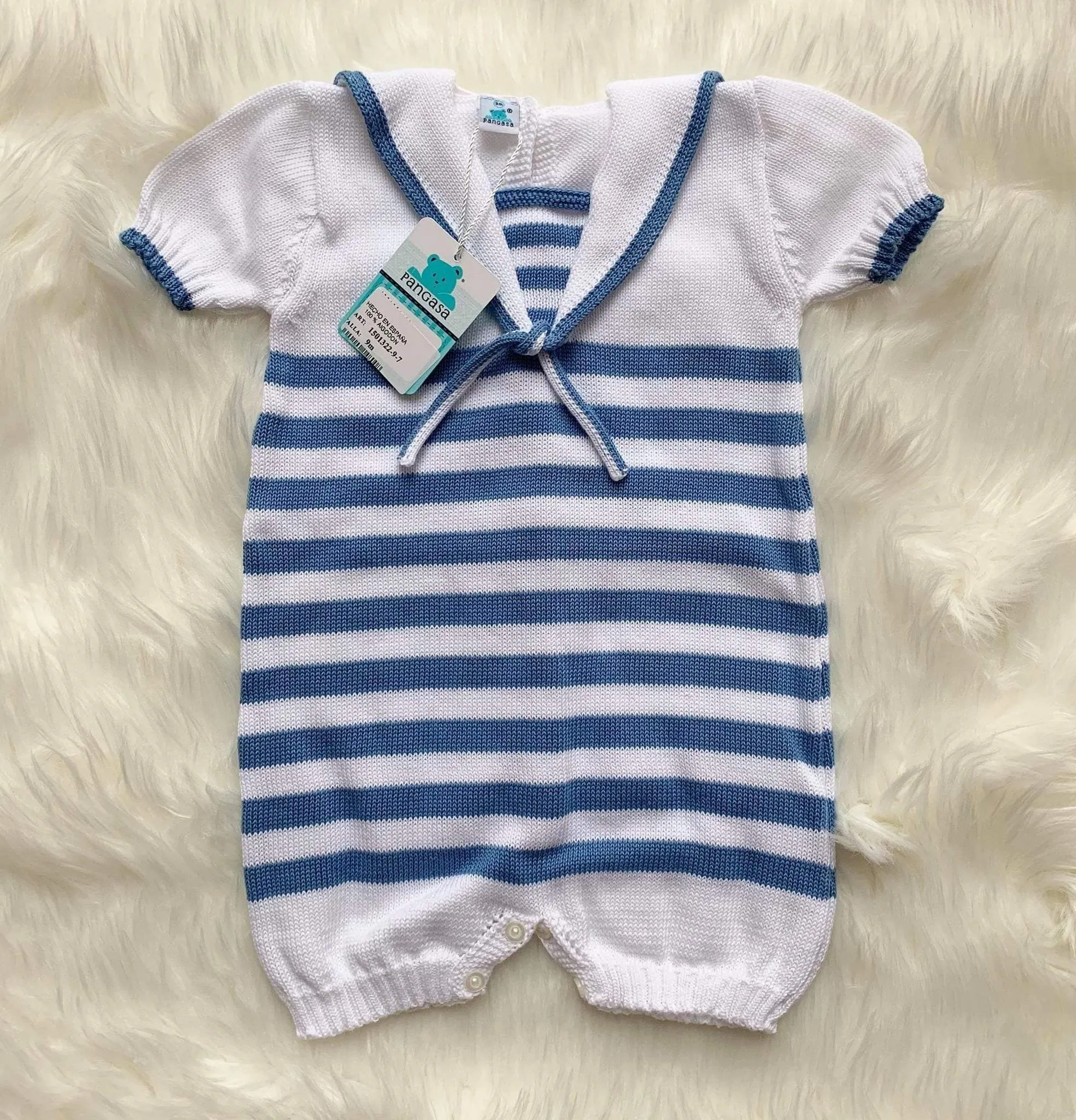 CLEARANCE DEAL - Pangasa Baby - Baby Boys Blue & White Stripe Knitted Romper Suit