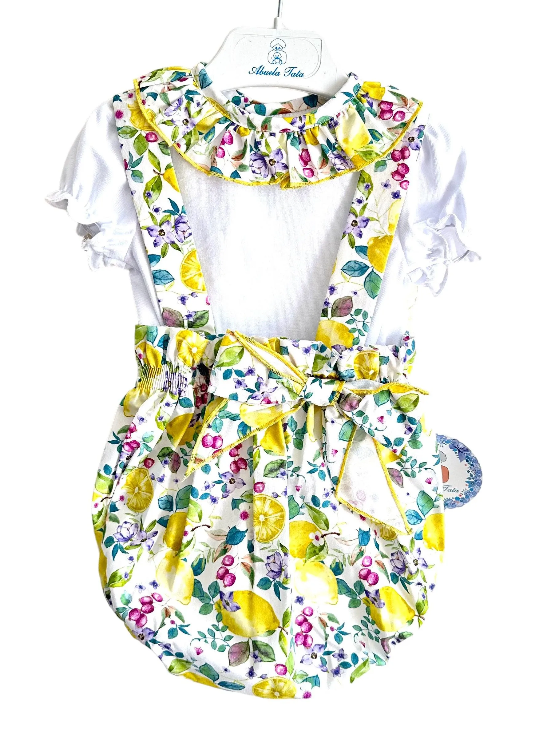 CLEARANCE SALE - Abuela Tata SS24 - Baby Girls White, Lemon & Purple Jam Pants & Top Set 355