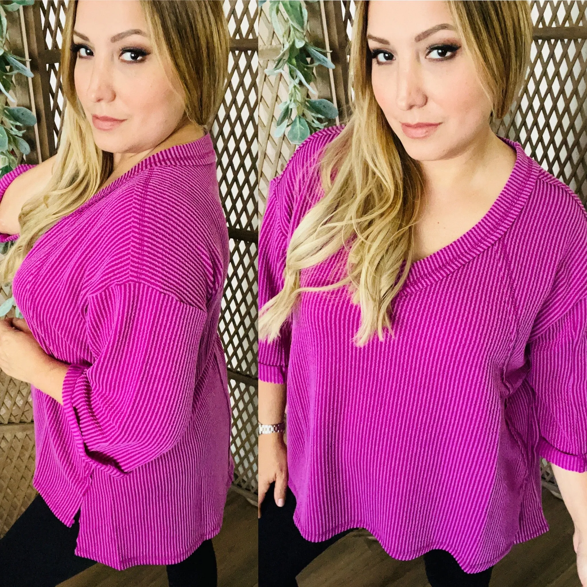 Corded Rib 3/4 Sleeve Hi-Low V Neck Top: Plum