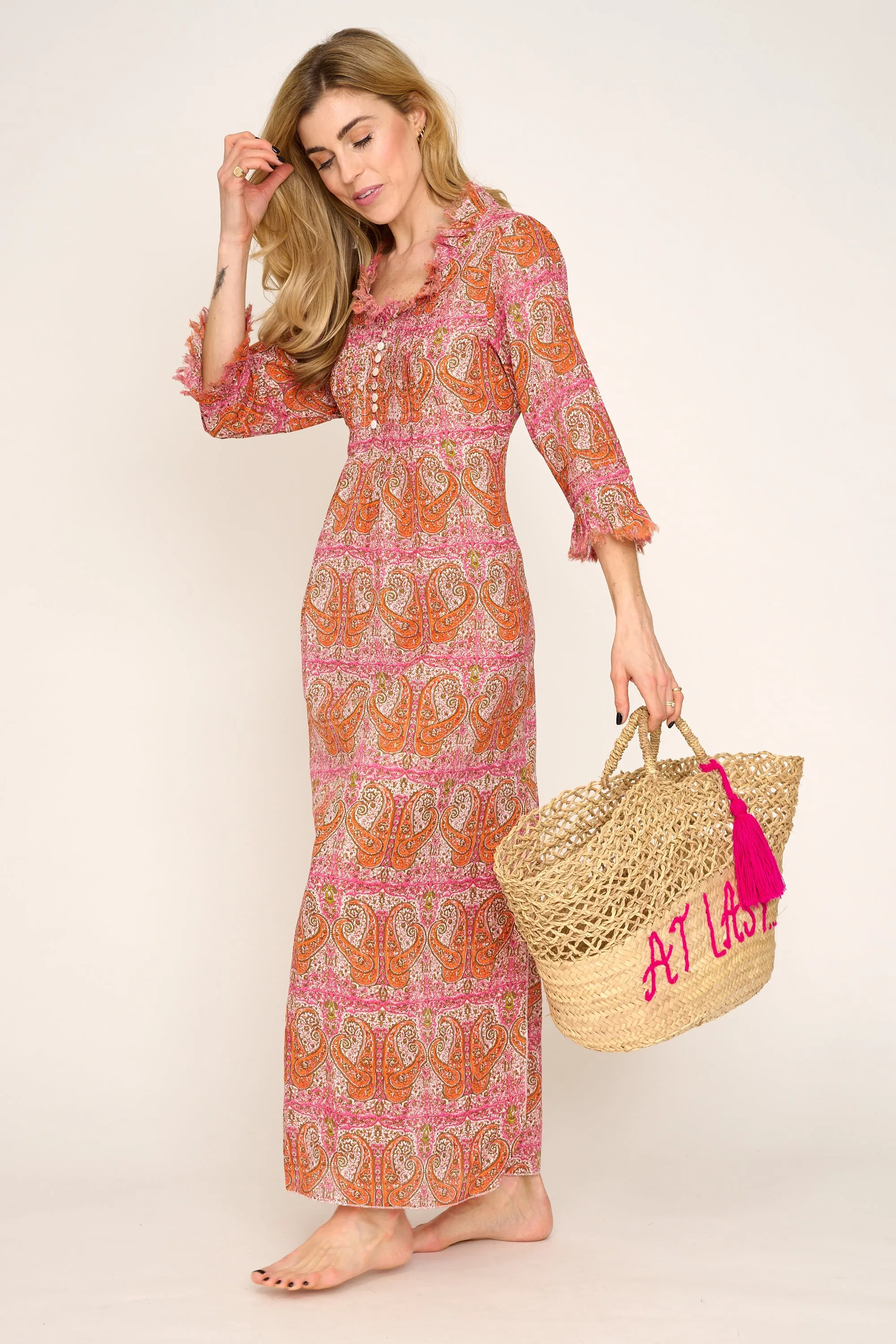 Cotton Annabel Maxi Dress in Pink & Ochre Paisley