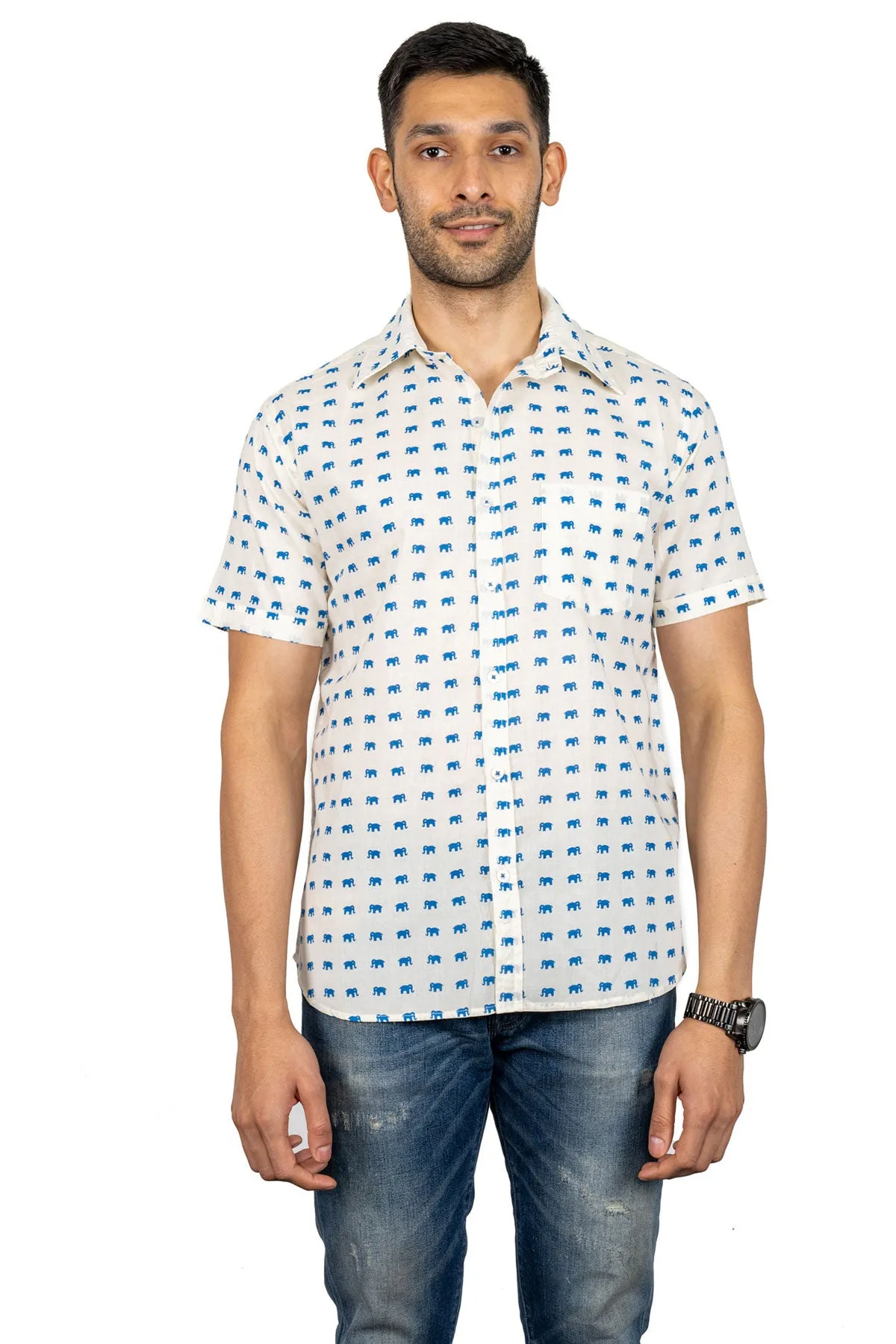 Cream Shirt with Blue Elephant Print Half Sleeves | Style Matters