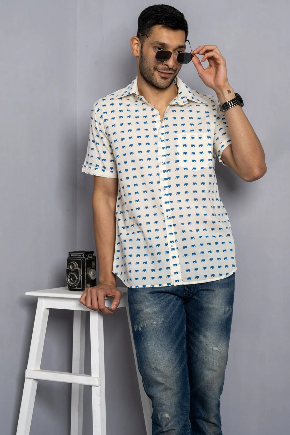 Cream Shirt with Blue Elephant Print Half Sleeves | Style Matters