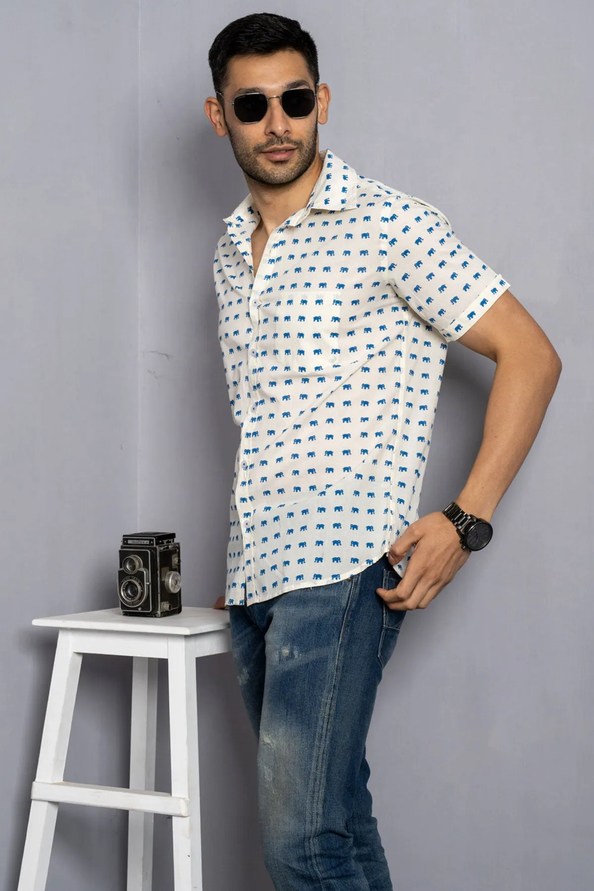 Cream Shirt with Blue Elephant Print Half Sleeves | Style Matters