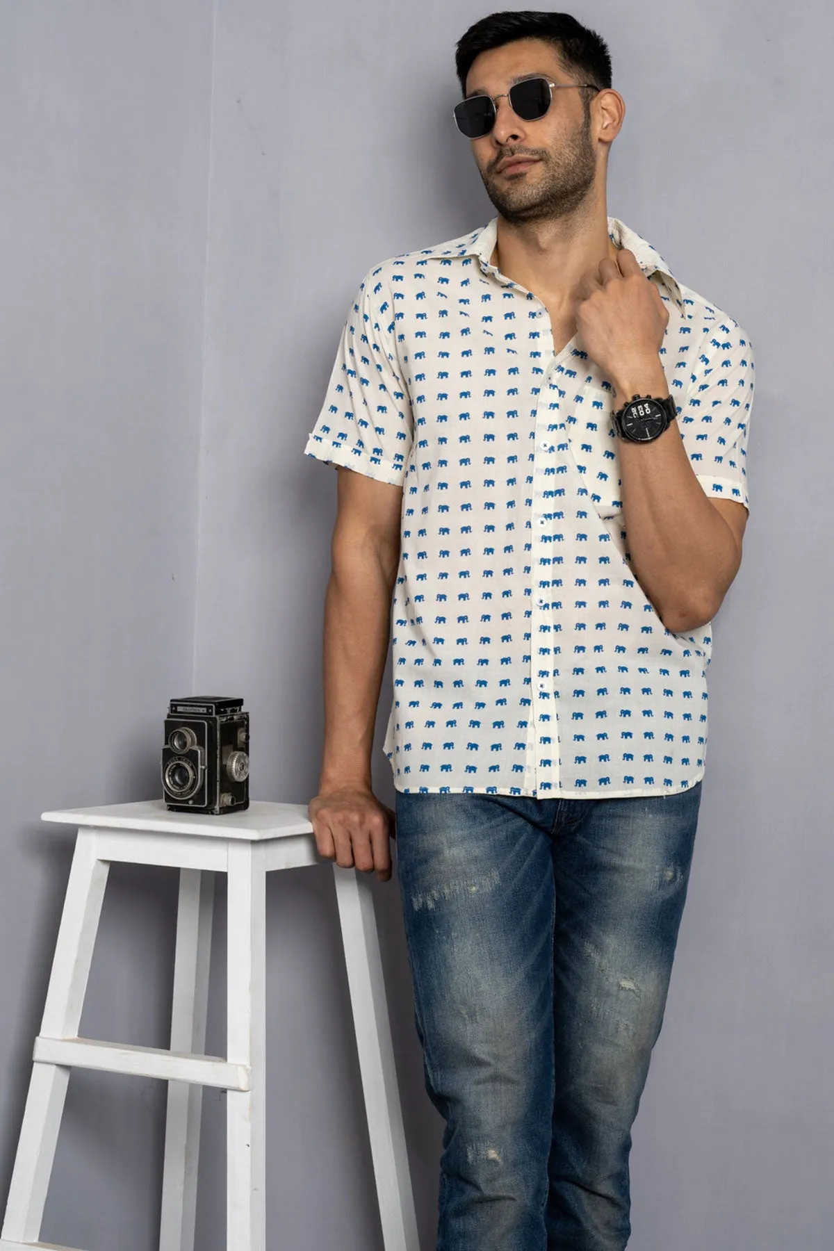 Cream Shirt with Blue Elephant Print Half Sleeves | Style Matters