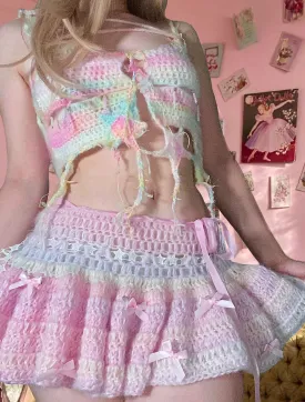 [Customized Handmade] Lil Pink Cake Monster Knitting Top and Skirt set