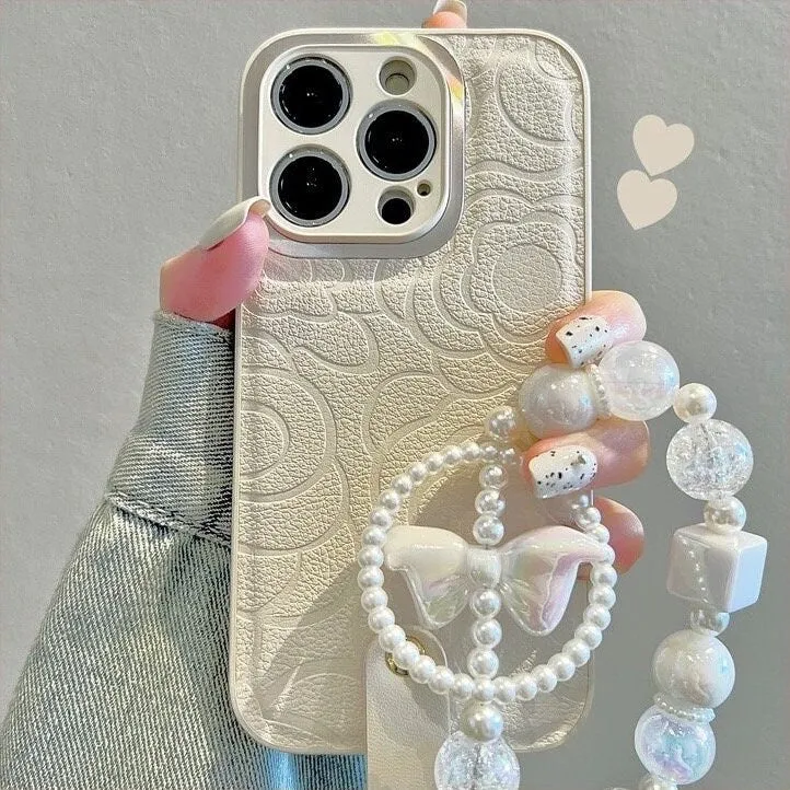 Cute Minimalist White Floral Flowers Pattern Design Protective Shockproof Phone Case   White Pearl Strap for iPhone 11 12 13 14 15 Pro Max