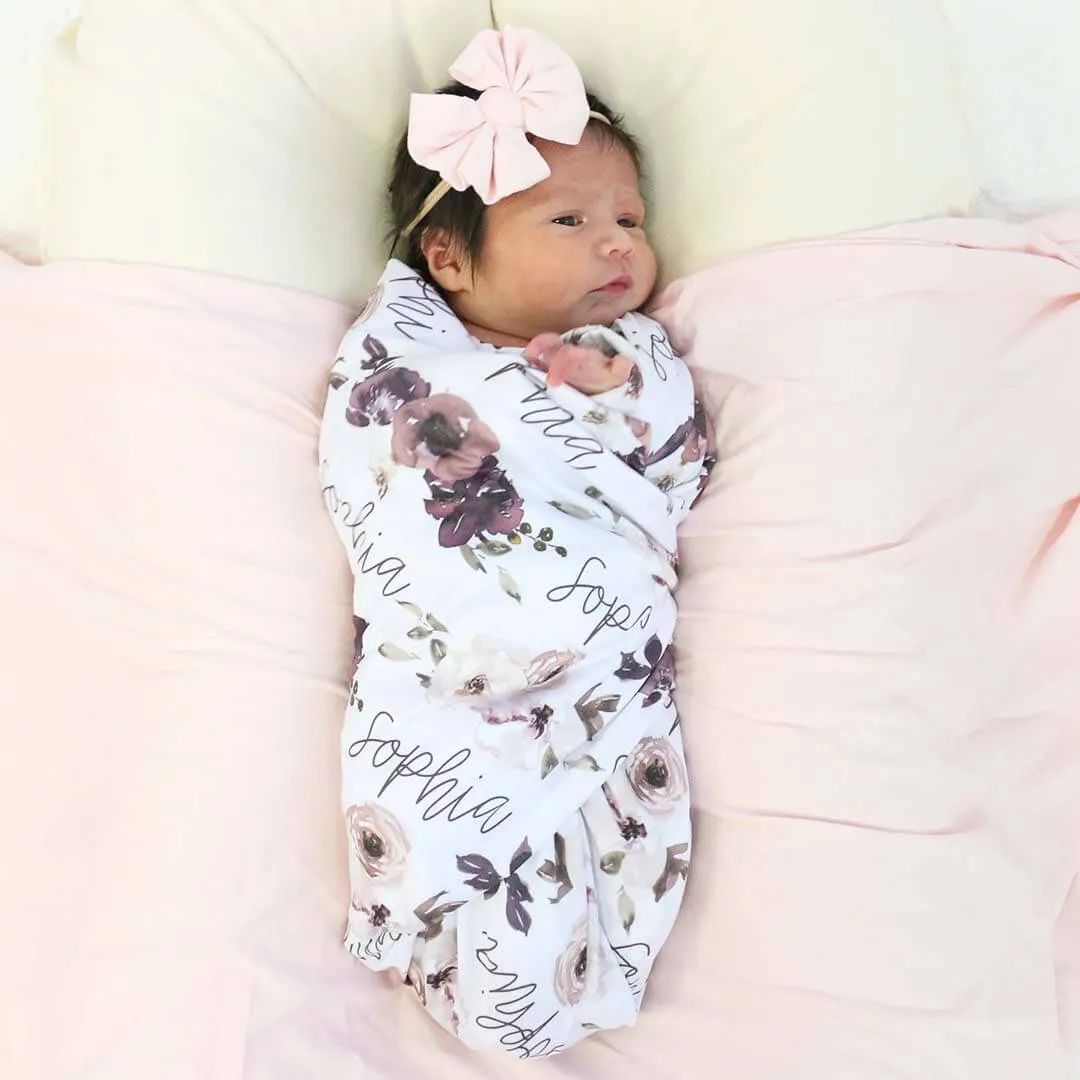 Demi's Dusty Purple Floral Personalized Baby Name Swaddle